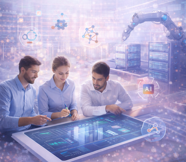 Équipe d’experts collaborant autour d’une interface digitale avancée pour analyser des données, symbolisant l’ERP, l’automatisation des processus et l’intelligence artificielle au service de la transformation digitale.