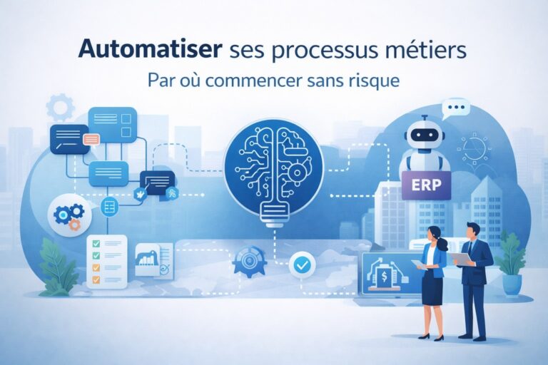 Schéma illustrant l’automatisation des processus métiers avec ERP et intelligence artificielle pour améliorer la performance des entreprises