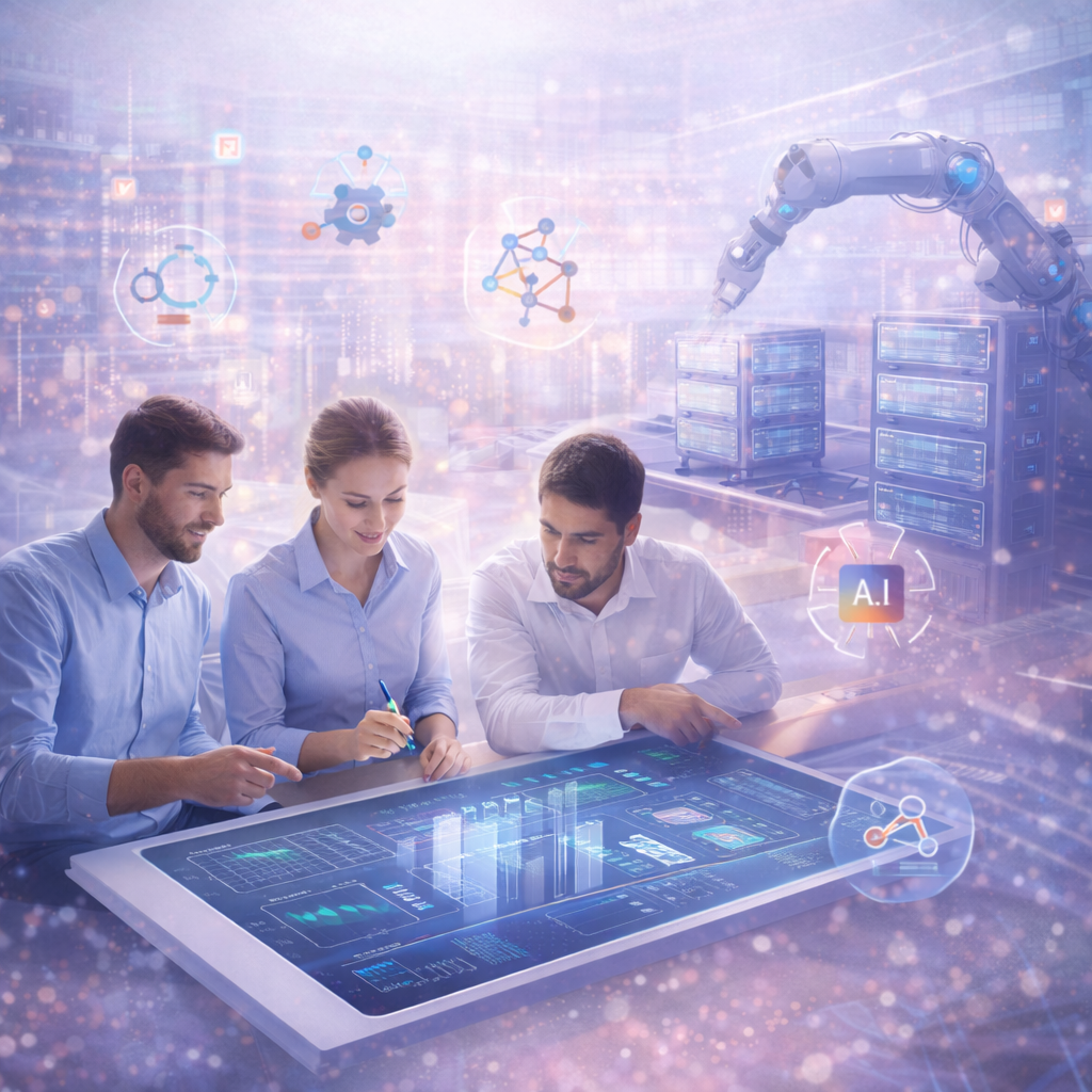 Équipe d’experts collaborant autour d’une interface digitale avancée pour analyser des données, symbolisant l’ERP, l’automatisation des processus et l’intelligence artificielle au service de la transformation digitale.