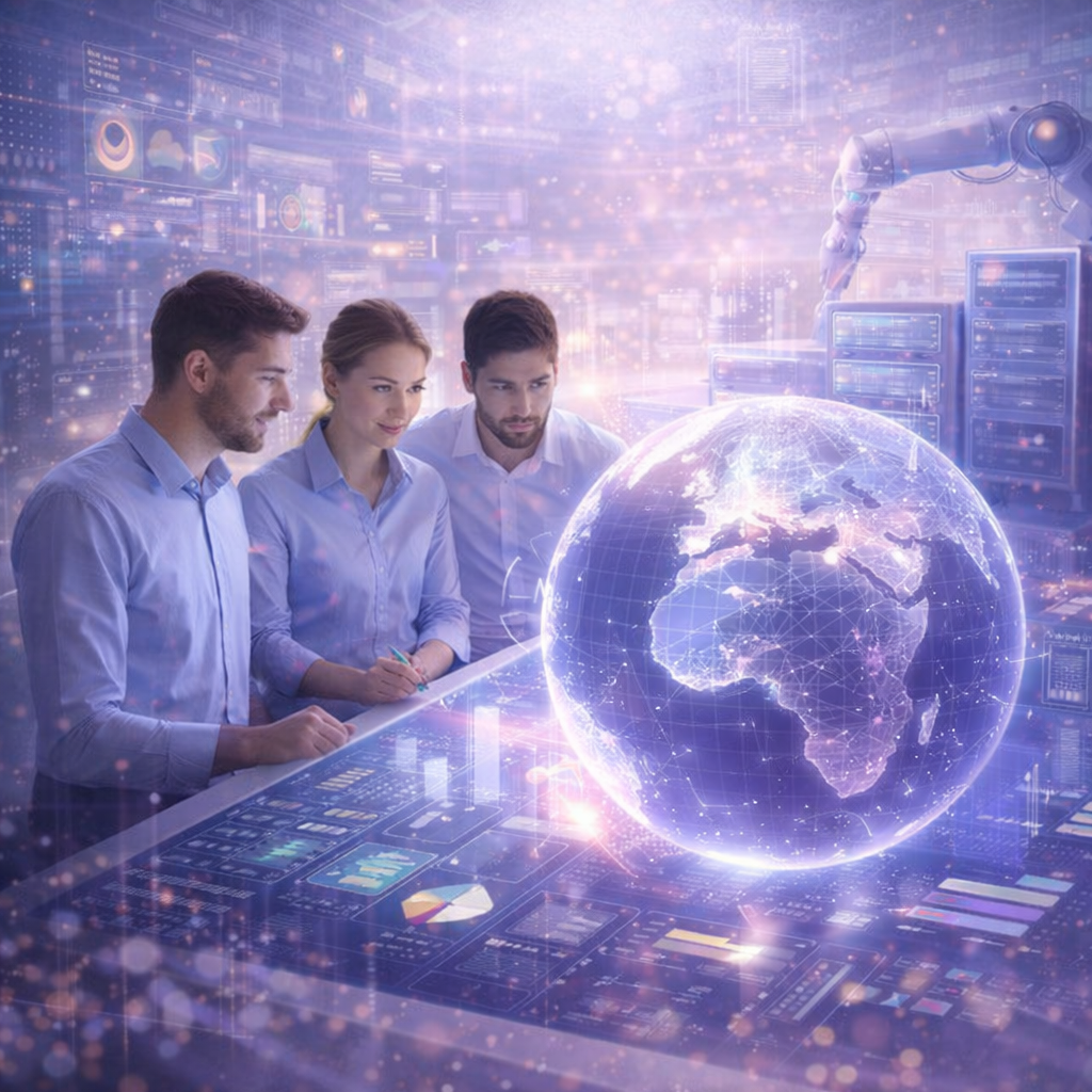 Équipe de professionnels collaborant autour d’un globe numérique et de tableaux de bord interactifs, symbolisant la vision stratégique de la transformation digitale, de l’automatisation et de la performance des entreprises.