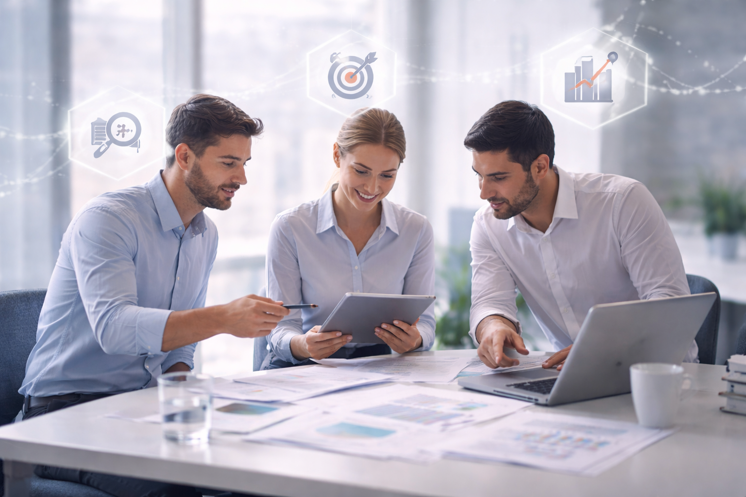 Équipe de professionnels travaillant ensemble autour d’une table avec des supports numériques et des documents, représentant une approche méthodique de la transformation digitale et de l’optimisation des processus.