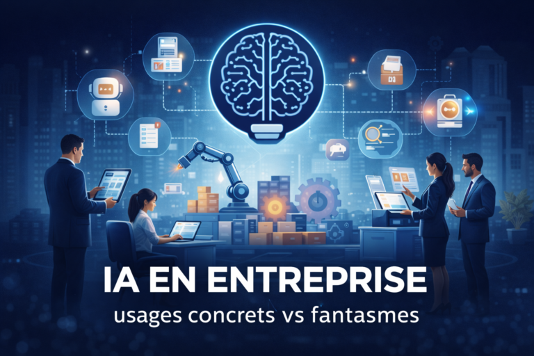 Illustration de l’intelligence artificielle en entreprise montrant l’automatisation des processus métiers, l’ERP et la collaboration homme-machine