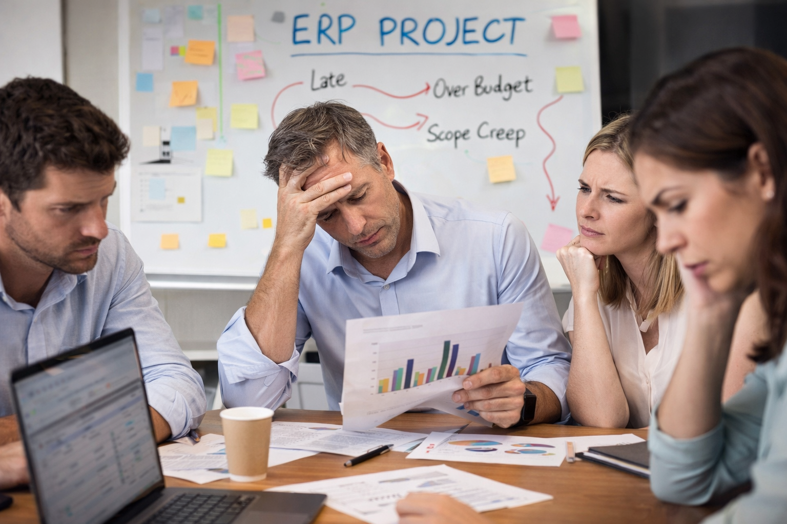 Réunion d’équipe illustrant les difficultés d’un projet ERP en PME : retards, dépassements de budget et mauvaise gestion des processus