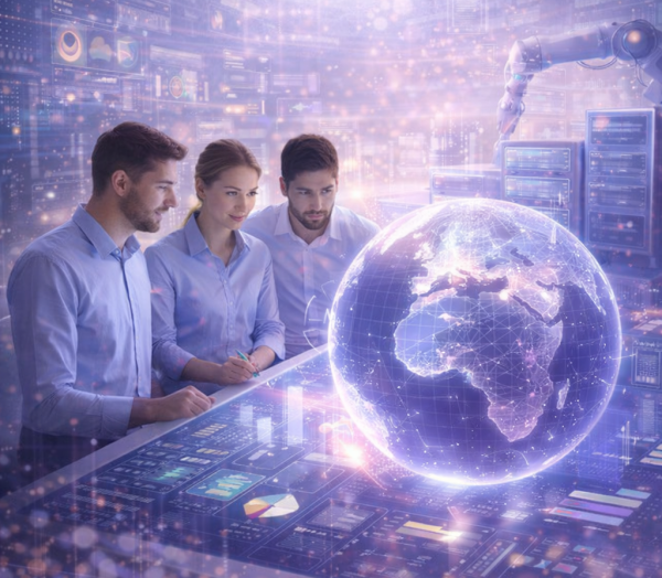 Équipe de professionnels collaborant autour d’un globe numérique et de tableaux de bord interactifs, symbolisant la vision stratégique de la transformation digitale, de l’automatisation et de la performance des entreprises.