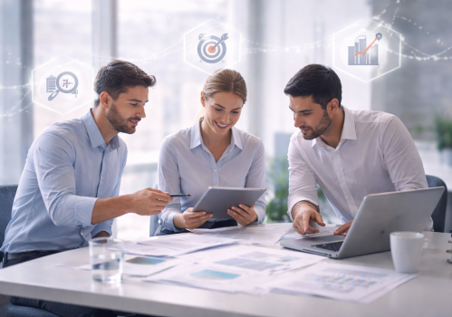 Équipe de professionnels travaillant ensemble autour d’une table avec des supports numériques et des documents, représentant une approche méthodique de la transformation digitale et de l’optimisation des processus.